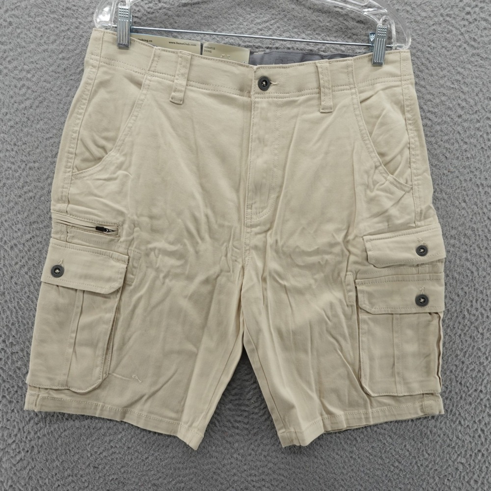 Iron Co Mens Stretch Twill Cargo Shorts 32 Dune Tan Flex Waistband Utility NEW